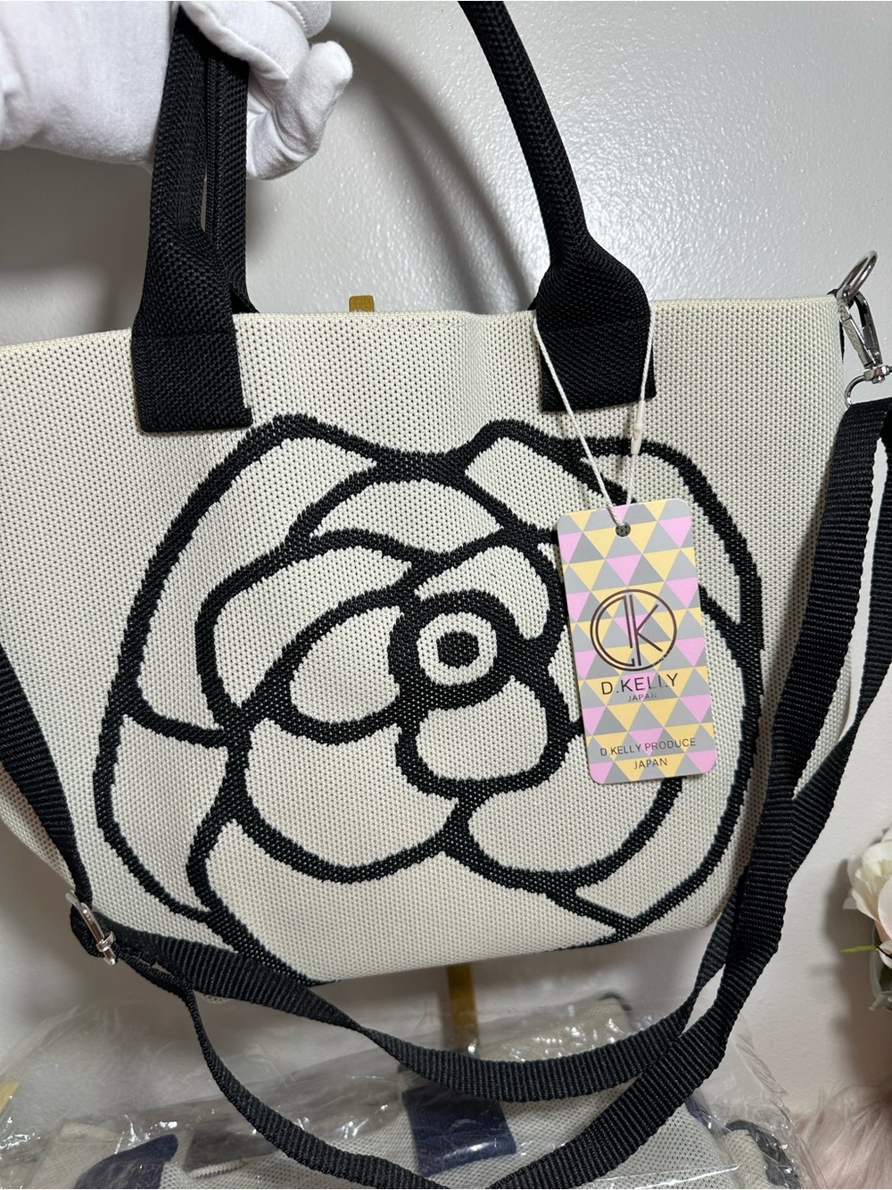 D.Kelly Japan Cream & Black Floral Tote Bag